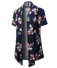 Women's Open Front Short Sleeves Floral Print Cardigan - Made in USA