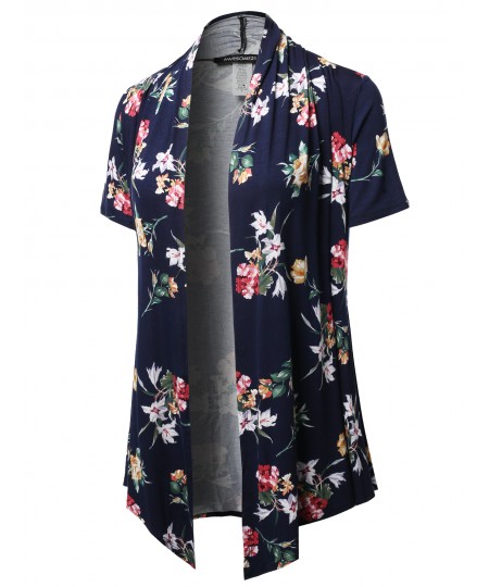 Women's Open Front Short Sleeves Floral Print Cardigan - Made in USA