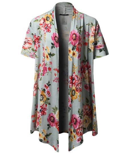 Women's Open Front Short Sleeves Floral Print Cardigan - Made in USA