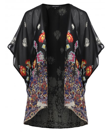 Women's Floral Print Chiffon Japanese Kimono Style Cardigan