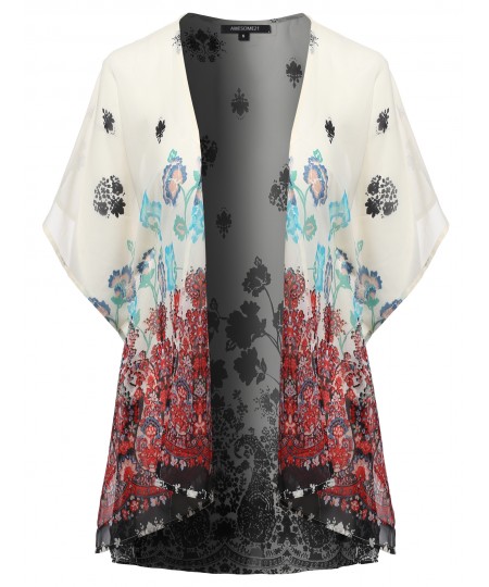 Women's Floral Print Chiffon Japanese Kimono Style Cardigan