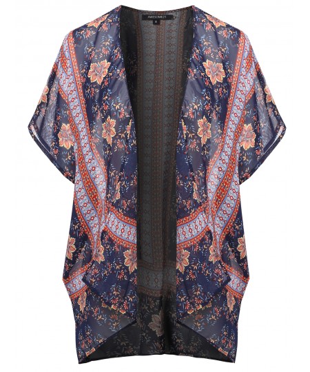 Women's Floral Aztec Print Kimono Style Chiffon Cardigan