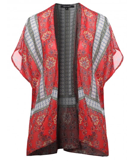 Women's Floral Aztec Print Kimono Style Chiffon Cardigan