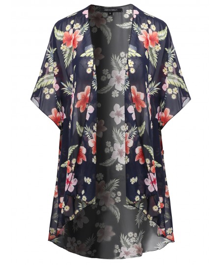 Women's Floral Print Kimono Style Chiffon Long Cardigan