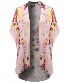 Women's Floral Print Kimono Style Chiffon Long Cardigan