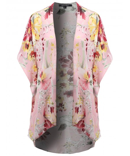 Women's Floral Print Kimono Style Chiffon Long Cardigan