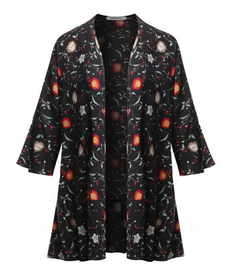 Women's Floral Print Kimono Style Open Front Cardigan