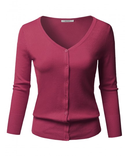 Women's Solid Button Down V-Neck 3/4 Sleeves Knit Cardigan