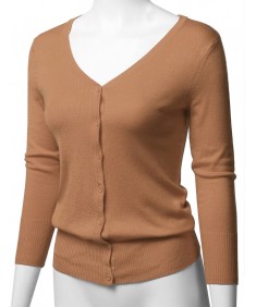 Women's Solid Button Down V-Neck 3/4 Sleeves Knit Cardigan