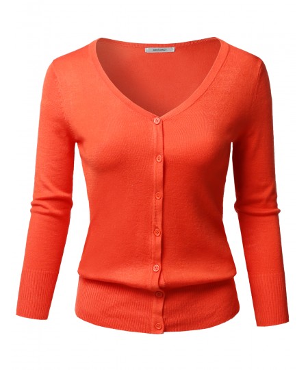 Women's Solid Button Down V-Neck 3/4 Sleeves Knit Cardigan