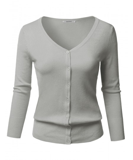 Women's Solid Button Down V-Neck 3/4 Sleeves Knit Cardigan