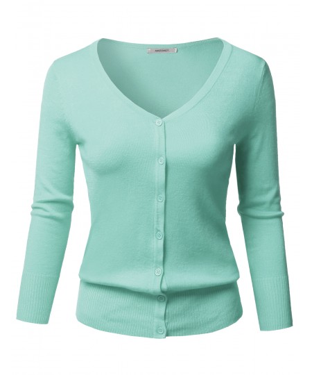 Women's Solid Button Down V-Neck 3/4 Sleeves Knit Cardigan