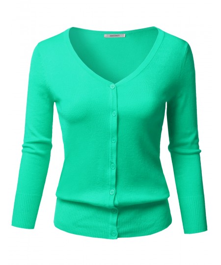 Women's Solid Button Down V-Neck 3/4 Sleeves Knit Cardigan