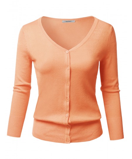 Women's Solid Button Down V-Neck 3/4 Sleeves Knit Cardigan