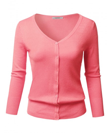 Women's Solid Button Down V-Neck 3/4 Sleeves Knit Cardigan