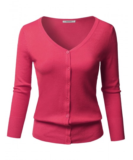 Women's Solid Button Down V-Neck 3/4 Sleeves Knit Cardigan