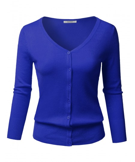 Women's Solid Button Down V-Neck 3/4 Sleeves Knit Cardigan