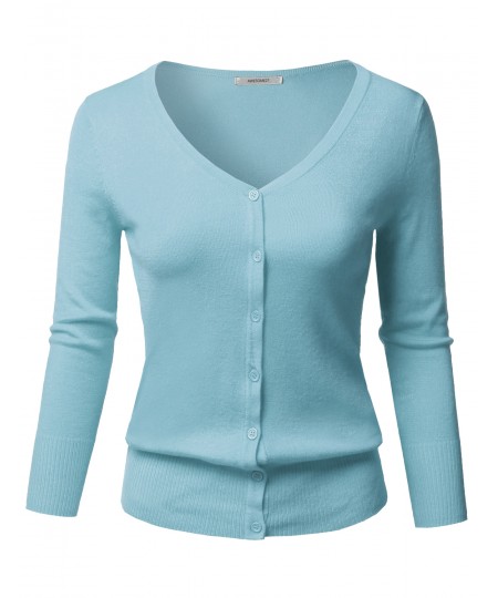 Women's Solid Button Down V-Neck 3/4 Sleeves Knit Cardigan