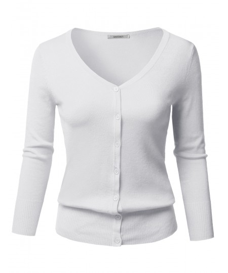 Women's Solid Button Down V-Neck 3/4 Sleeves Knit Cardigan