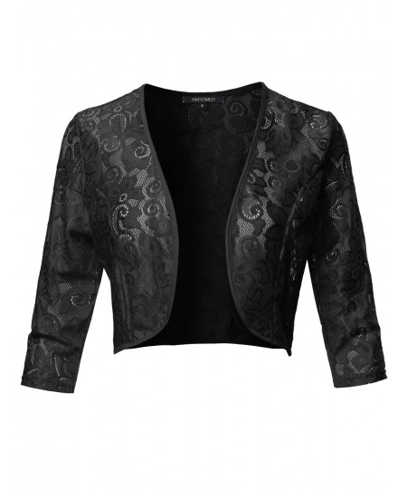 Women's 3/4 Sleeve Floral Lace Shrug Bolero Cardigan Top - Made in USA