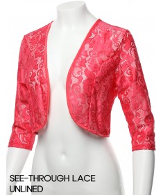 Women's 3/4 Sleeve Floral Lace Shrug Bolero Cardigan Top - Made in USA