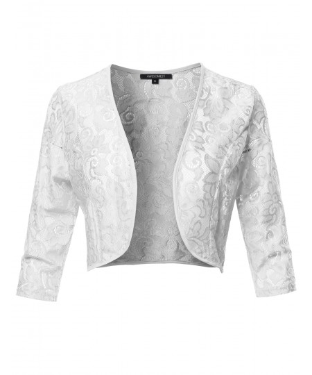 Women's 3/4 Sleeve Floral Lace Shrug Bolero Cardigan Top - Made in USA