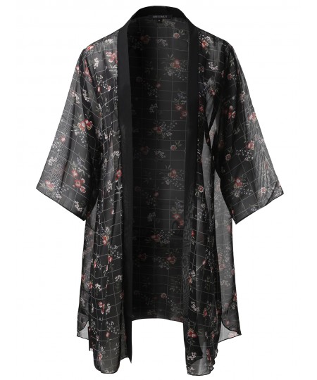 Women's Floral Print 3/4 Sleeve Kimono Style Chiffon Cardigan