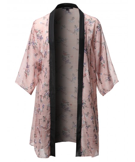 Women's Floral Print 3/4 Sleeve Kimono Style Chiffon Cardigan
