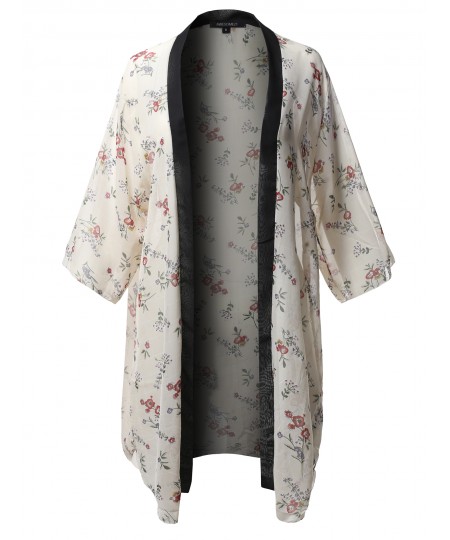 Women's Floral Print 3/4 Sleeve Kimono Style Chiffon Cardigan