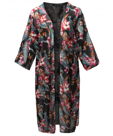 Women's Floral Print 3/4 Sleeve Kimono Style Long Cardigan