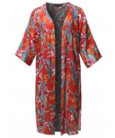 Women's Floral Print 3/4 Sleeve Kimono Style Long Cardigan