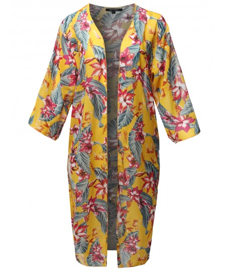 Women's Floral Print 3/4 Sleeve Kimono Style Long Cardigan
