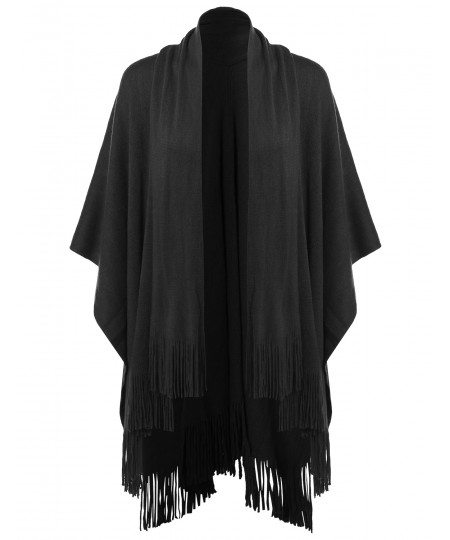 Women's Casual Knitted Poncho Capes Shawl Fringe Cardigan