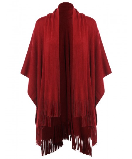 Women's Casual Knitted Poncho Capes Shawl Fringe Cardigan