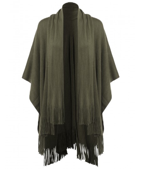 Women's Casual Knitted Poncho Capes Shawl Fringe Cardigan