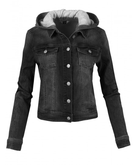 Women's Casual Soft Shell Stretch Detachable Hoodie Denim Washed Jacket