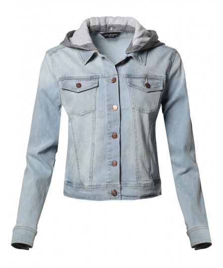 Women's Casual Soft Shell Stretch Detachable Hoodie Denim Washed Jacket