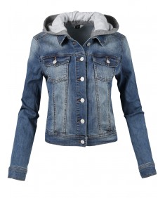 Women's Casual Soft Shell Stretch Detachable Hoodie Denim Washed Jacket