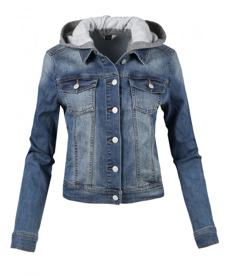 Women's Casual Soft Shell Stretch Detachable Hoodie Denim Washed Jacket