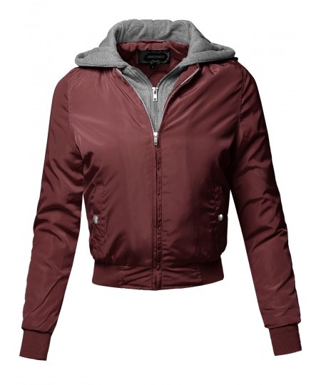 Women's Casual Solid Long Sleeve Double Zipper Hooded Bomber Jacket