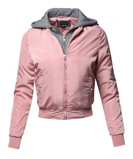 Women's Casual Solid Long Sleeve Double Zipper Hooded Bomber Jacket