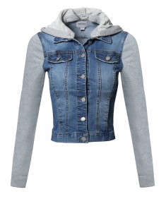 Women's Casual Button Down Stretch Denim Jacket with Detachable Hoodie 