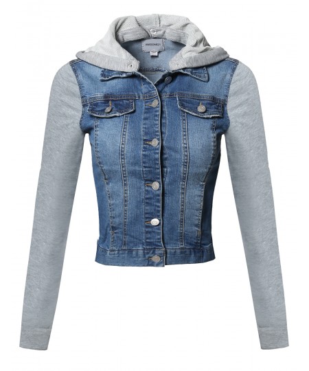 Women's Casual Button Down Stretch Denim Jacket with Detachable Hoodie 