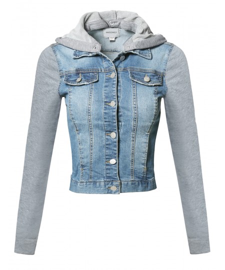 Women's Casual Button Down Stretch Denim Jacket with Detachable Hoodie 