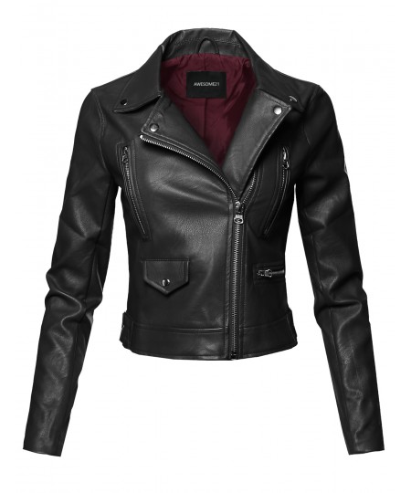 Women's Casual Zipper Closure Notched Collar Moto Faux Leather Jacket