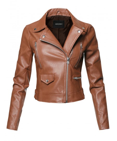 Women's Casual Zipper Closure Notched Collar Moto Faux Leather Jacket