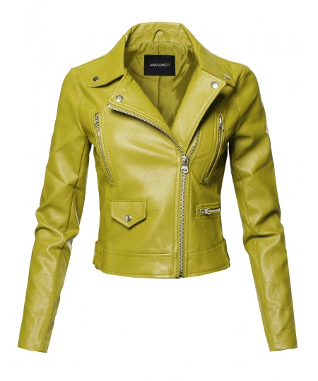 Women's Casual Zipper Closure Notched Collar Moto Faux Leather Jacket