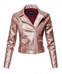Women's Casual Zipper Closure Notched Collar Moto Faux Leather Jacket
