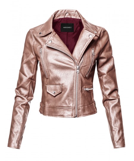 Women's Casual Zipper Closure Notched Collar Moto Faux Leather Jacket