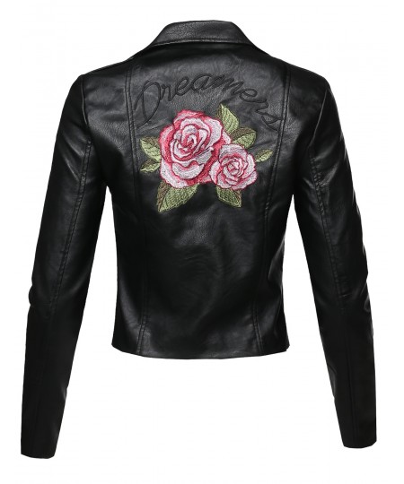 Women's Casual Asymmetrical Zipper Floral Embroidered Moto Leather Jacket